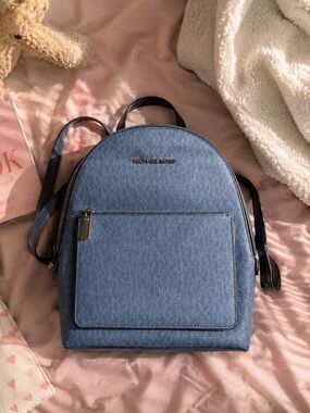 Michael Kors Blue Signature Backpack Purse | Leather Trim | Silver Hardware